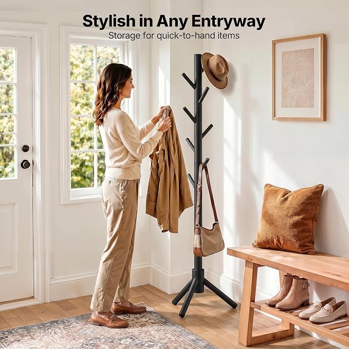 AMADA Solid Wooden Coat Rack Freestanding with 8 Hooks, Black | 100% solid wood, 3 height options, widened base for stability, tool-free assembly, smooth rods & hooks prevent clothing snags