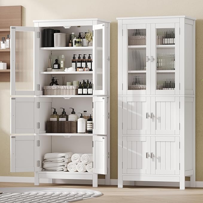 Akxomel 53.1" H Tall Bathroom Storage Cabinet, Bathroom Floor Cabinet with 6 Doors and Adjustable Shlef, Linen Cabinet, Pantry Cabinet for Living Room, Kitchen, Entryway, White