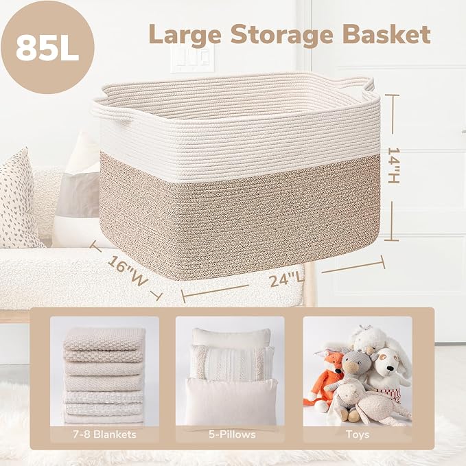 Goodpick Extra Large Cotton Rope Basket, Rectangle, White & Light Brown | 85L, 23.6 x 15.7 x 13.8 in, Handles, Blankets, Toys & Dirty Clothes Storage, Living Room, Nursery & Bedroom Organization