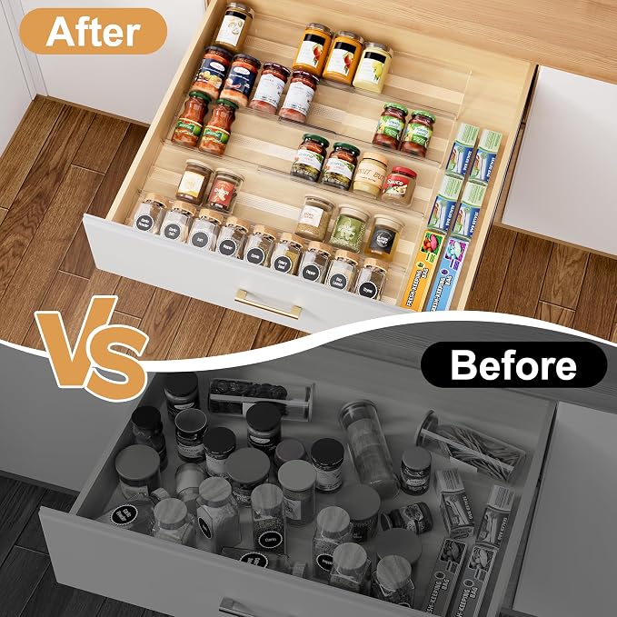 10-Pack Adjustable Spice Drawer Organizer, Expandable Seasoning Rack Tray (13" to 26"), Acrylic Insert with Anti-Slip Mat for Kitchen Cabinet (Jars Not Included)