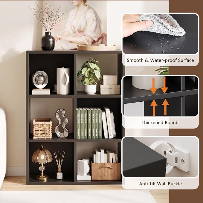 6 Cube Storage Organizer, Black Cube Bookshelf, Multifunctional Bookcase | 3-Tier Floor Standing Open Bookshelf with Removable Back Panels, Display Cabinet for Study Dining Room Home Office Bedroom