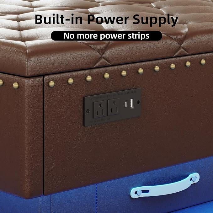 Large Square Ottoman with Storage, Square Storage Ottoman Coffee Table | Coffee Table Storage Ottoman Bench with Lift Top and Two Tier Drawers, LED Ottoman Bench with Charging Station, Brown