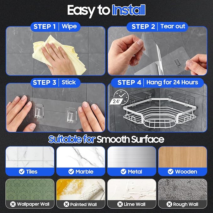 Corner Shower Caddy, Rustproof Shower Organizer with Soap Holder and 8 Hooks, No Drilling Adhesive Shower Shelves for Inside Shower, Large Capacity Shower Rack for Bathroom Shower Storage, White