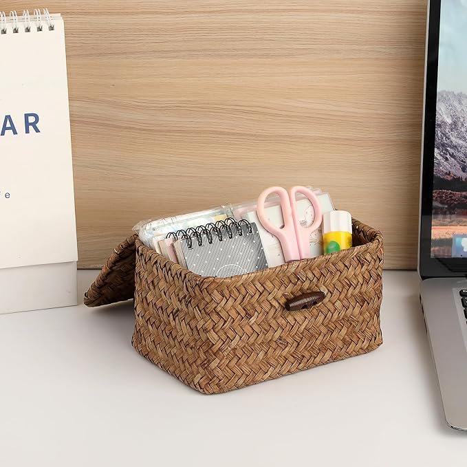 Small Wicker Basket with Lid, Seagrass Organizer, 6.1" x 4" x 3.3" | Handwoven Wicker Storage Basket, Multipurpose Household Organizer for Dental Floss, Paper Clip, Home Decor