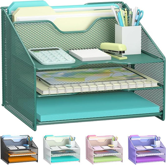 Samstar Green Desk File Organizer, Mesh Letter File Folder Holder with 3 Paper Trays and 2 Vertical Upright Section, for Office Supplies, Desk Accessories & Workspace, Green