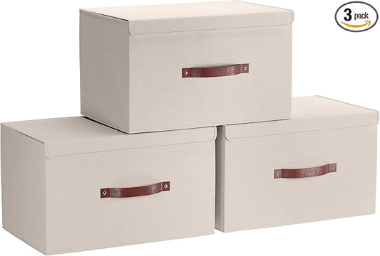 Ornavo Home 3 Pack Collapsible Storage Bins with Lid, 15x10x9, Beige | Foldable Linen Fabric; Faux Leather Handles; Ideal Closet Organizer & Large Storage Box for Clothes and Shelves