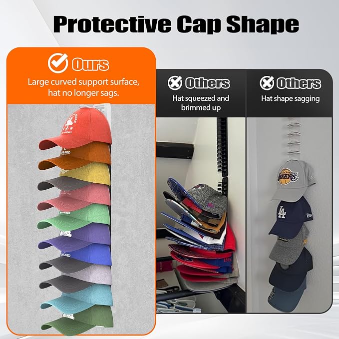 Hat Organizer for Baseball Caps Hold Up to 40 Hats, 2 Pack Hat Rack for Wall, Strong Adhesive Hat Storage Display Holder(White-2 Pack)