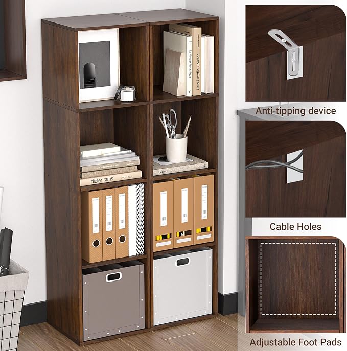 4Cube Storage Organizer, 4 Tier Cube Low Bookcase Freestanding Storage Display Organizer, Three-Cubes Open Shelf Bookshelf for Home Office (Dark Brown,Black Walnut, 4-Cube)