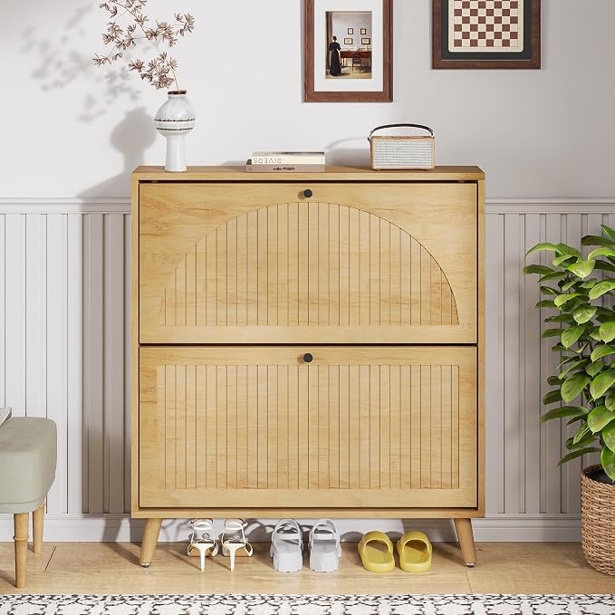 Fsbecl Shoe Storage Cabinet for Entryway with 2 Flip Drawers, Narrow Wood Shoe Cabinet with Fluted Panel, Freestanding Hidden Shoe Organizer for Hallway