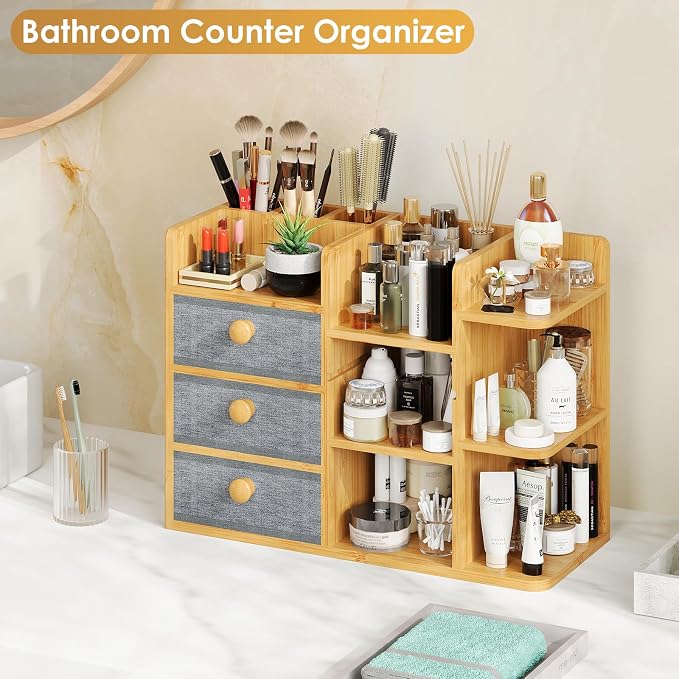 Large Makeup Organizer For Vanity, Large Capacity 3 Tiers Bamboo Bathroom Counter Organizers and Storage, Countertop Makeup Brush Holder, Nail Polish Perfume Stand with 3 Drawers and 10 Compartments