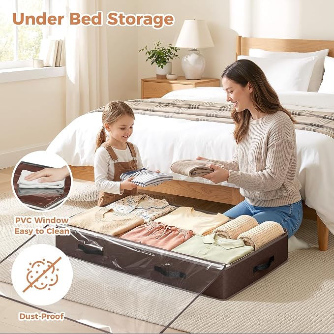 Budding Joy 6 Pack 90L Under bed Storage Containers Brown | Clothes storage bins foldable storage bags with clear window for blanket, comforter, sweaters, pillows, wrapping paper