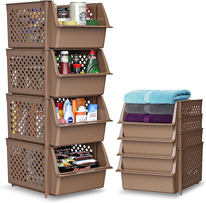TidyFriend Plastic Stackable Storage Bins for Pantry, 4 Pack Stackable Bins For Organizing Food, Kitchen, and Bathroom Essentials (Brown) | Sturdy Plastic, Easy Stacking, Open Front Access, Ventilated Sides, Vertical & Space Saving Pantry Organizers an...