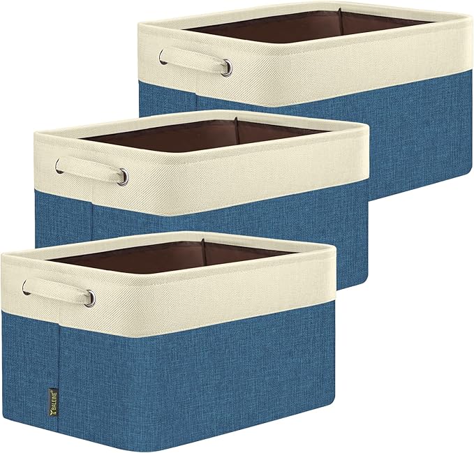 BALEINE 3 Pack Fabric Closet Storage Bins for Shelves, Linen Closet Organizers and Storage, Decorative Baskets for Organizing, Shelf, Clothes, Home, Office (Navy Blue, 12"x8"x8")