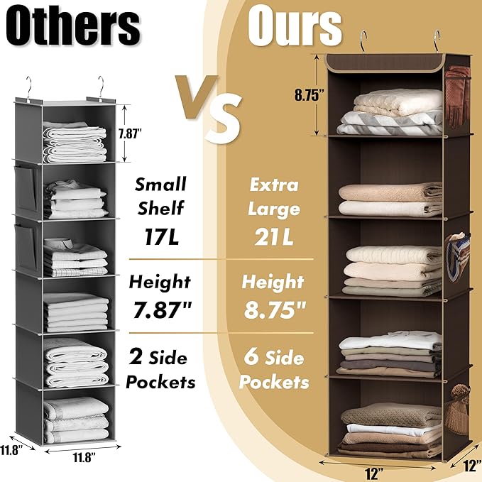 Simple Houseware 5 Shelf Hanging Closet Organizer, Brown | 360° Rotating Dual Hooks, Top Support Metal Frame, 6 Side Mesh Pockets