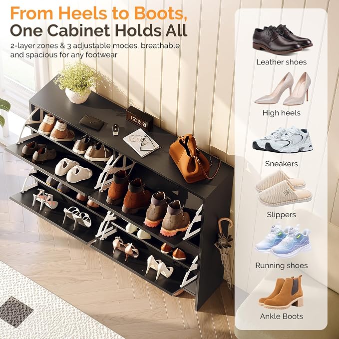 VINGLI Black Shoe Cabinet for Entryway, Ultra Slim Shoe Rack Storage with 4 Flip Drawers, Modern Narrow Shoe Organizer for Hallway, Hidden Sneaker Cupboard, 42 Inch Wide