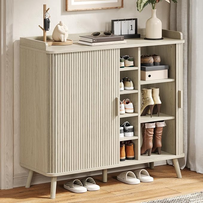 Shoe Cabinet with Sliding Door, 5-Tier Hidden Shoe Rack with Adjustable Shelves, Wooden Shoe Storage Organizer with Open Bottom Space, Freestanding Shoe Shelf for Entryway (Natural White)
