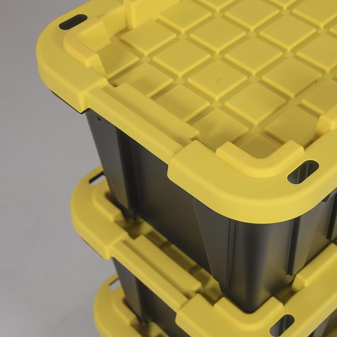 CX Heavy Duty 12-Gallon Stackable Plastic Storage Bins with Lids, 4 Pack | Storage totes for garage organization, Stackable containers, weather-resistant, snap lid, 12.5H x 16.3W x 21.8D, Black/Yellow