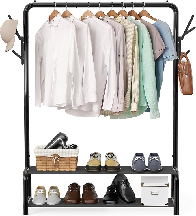 Simple Houseware 52" W Freestanding Closet Garment Rack with Shelves, Black | With 600D Fabric Shelves, Hanger Stoppers, and Hooks for Coat & Hat