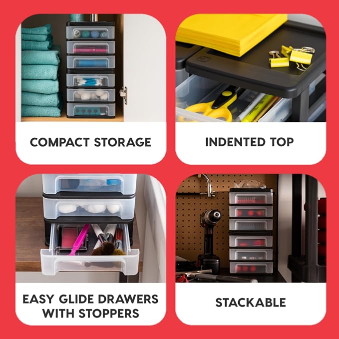 IRIS USA 2-Pack, 3-Drawer Medium Plastic Stacking Desktop Organizer, Black | Organize office supplies, stationery, makeup, craft materials and everyday essentials for neat desktop storage