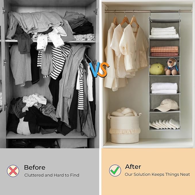 MAX Houser 6 Tier Shelf Hanging Closet Organizer, Closet Hanging Shelf with 2 Sturdy Hooks for Storage,2 Pack, Foldable (Light Grey)