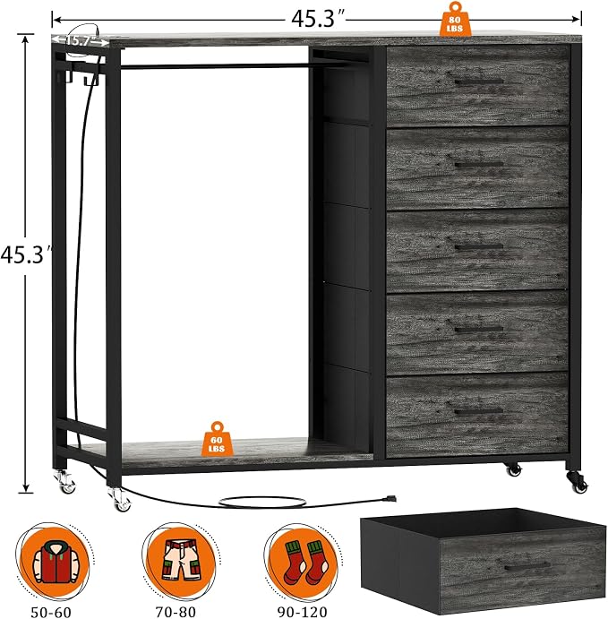 Cyclysio Storage Clothes Rack with 5 Drawers, Garment Rack with Charging Station & LED Lights, Fabric Chest Shelves Clothing Rack, Wooden Portable Wardrobe Closet