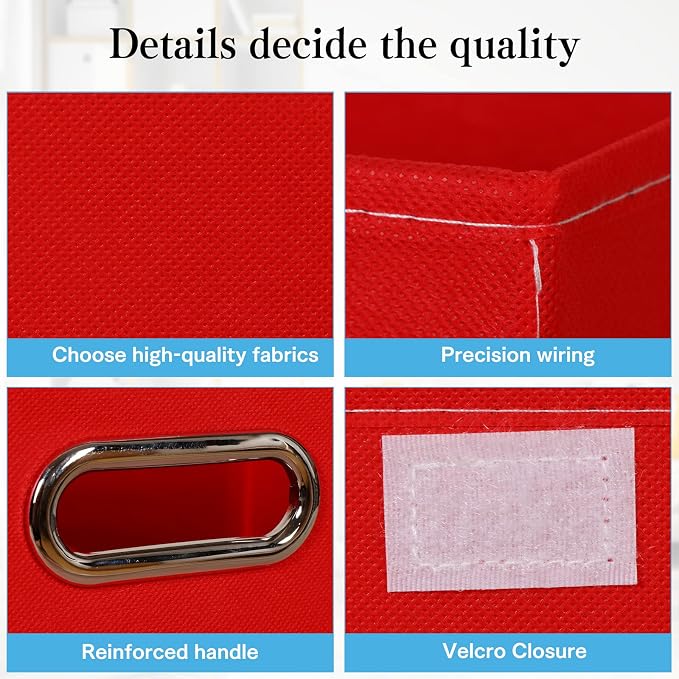 STOREONE Fabric Storage Cube Bins Foldable Organizer Container Collapsible Basket with Lids and Metal Handles, for Home, Bedroom, Closet 8 Pcs (Red)