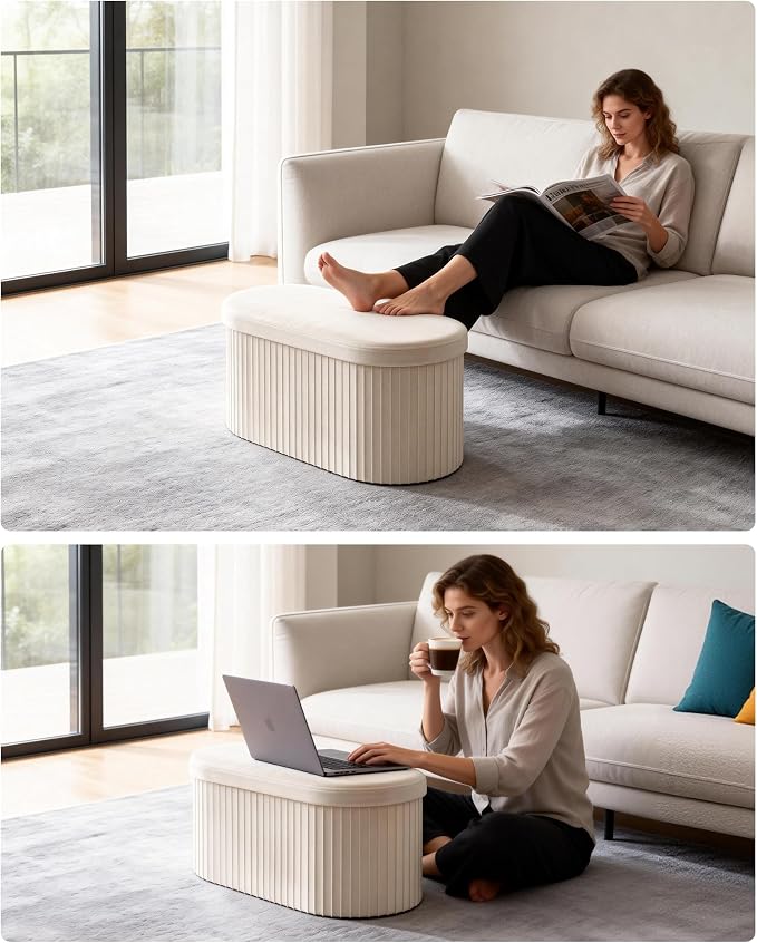 GLAXYFUR Folding Ottoman with Storage, Oval Velvet Storage Bench, Beige | Upholstered Foot Rest, 30 x 15 x 15 Inches Storage Chest for Bedroom, Living Room & Entryway