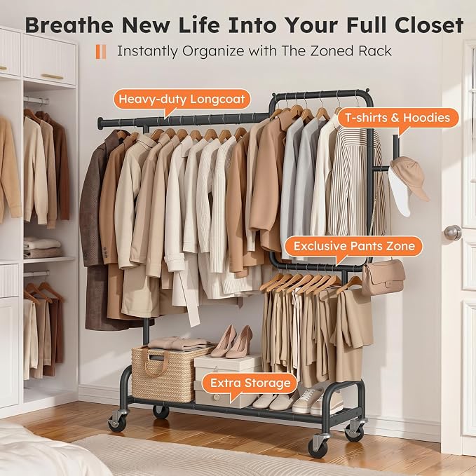 SOLEDI Heavy Duty Partitioned Clothes Rack, 600 LBS Load Metal Garment Rack with Shelves & Lockable Wheels, Rolling Hanging Rack for Bedroom, Laundry Room, Store & Garage (Black)