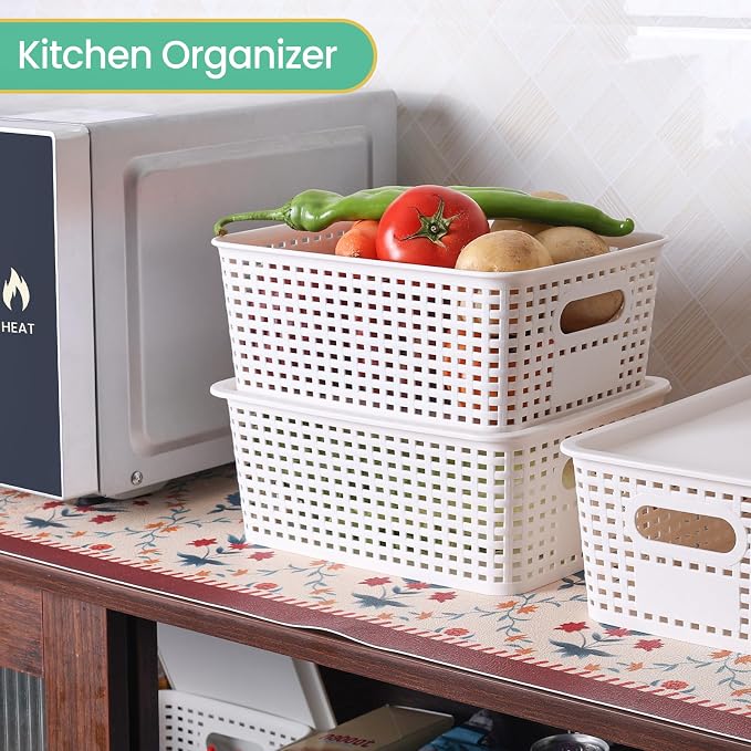 Plastic Storage Baskets with Lid-Plastic Storage Containers Stackable Storage bins: Storage Baskets for Organizing Shelves Drawers Desktop Closet Playroom Classroom Office,8 Pack-White10.2x7.2x4.1Inch