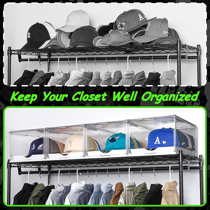 Vtopmart 4 Pack Stackable Baseball Caps Organizer, Each Holds 12 hats | with Sliding Drawer, Magnetic Door, Stackable, Transparent