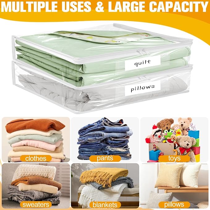 Kikerike Plastic Storage Bags with Easy-Glide Zipper, Pack of 6, Durable Clear Vinyl Zippered Storage Bags for Clothes Sweaters Comforters Blankets Sheets Bedding (21.6 x 13.7 x 12.4 Inch, White)
