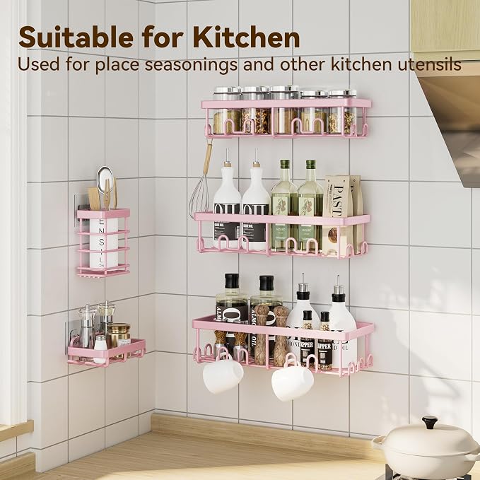 YASONIC Shower Caddy Adhesive, 100% Rustproof Shower Organizer with Soap and Toothbrush Holder, Large Capacity Shower Shelves for Inside Shower, No Drill Shower Storage for Home (5 Pack Pink)
