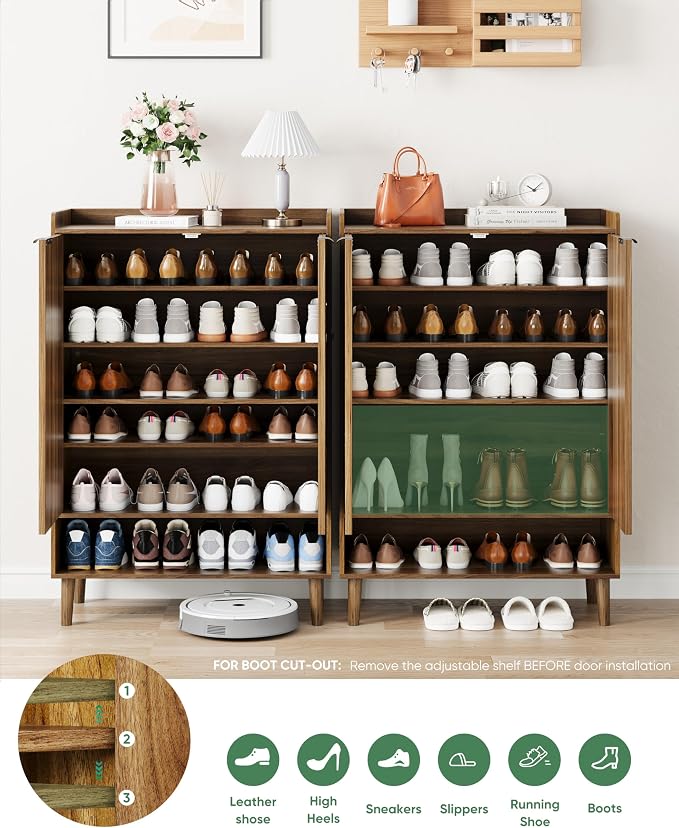 Smart FENDEE Large 6-Tier Shoe Storage Cabinet with Fluted 2 Doors, 44" Tall Freestanding Entryway Shoe Cabinet with Adjustable Shelves,(Walnut