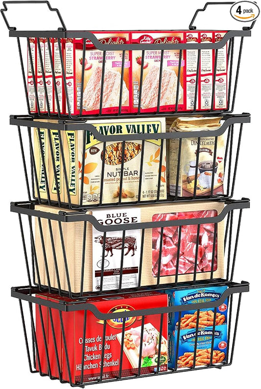 SUNALLY Freezer Organizer Bins, 4 Pack Stackable Chest Freezer Organizer for 5-7 Cu.FT Deep Freezer Sort Frozen Meats and Food, Freezer Storage Baskets with Handles Easy Reach from Bottom, Black | Chest Freezer Organizer for 5-7 Cu.FT Deep Freezer to S...