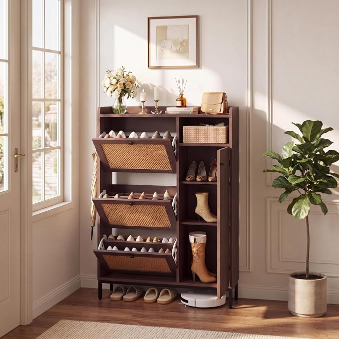 Garvee Shoe Cabinet with 3 Flip Drawers and 4-Tier Shoe Storage Cabinet, Freestanding Shoe Organizer with Adjustable Shelf and Rattan Doors for Entryway, Closet, Hallway