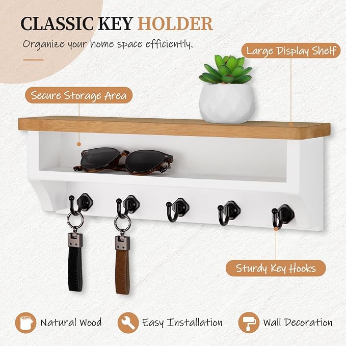 Nekon Key Holder Wall Mount, Wall Organizer Shelf with 5 Key Hooks, Room Decor for Home and Apartment Essentials, Wood and White