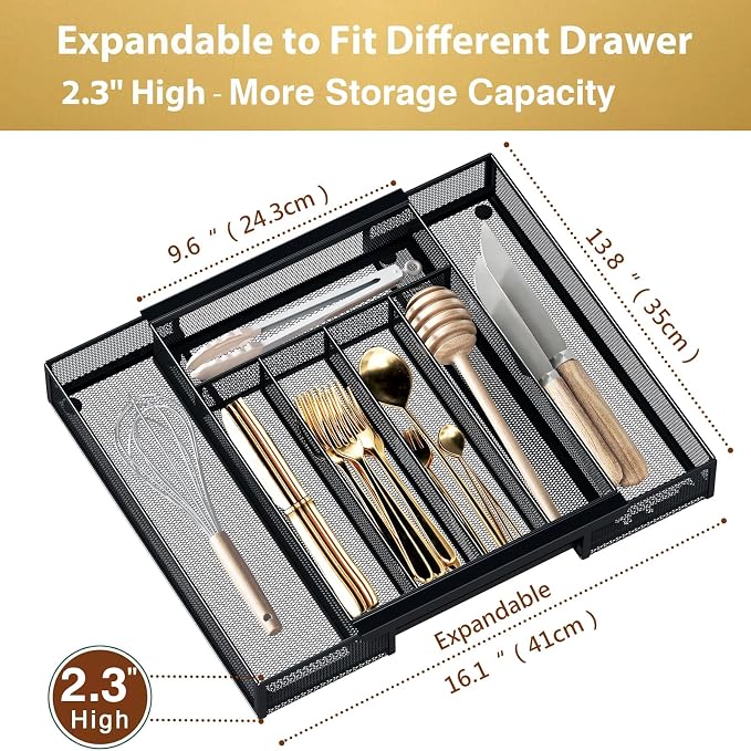 Sedegn Silverware Organizer Metal Mesh, Drawer Organizer, Utensil Cutlery Tray for kitchen drawers,Expandable Flatware Organizer with 7 Compartment Black 9.6"~16.1" x 13.8"