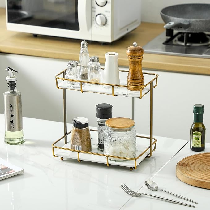 Bathroom Organizer Countertop Perfume Organizer Makeup Organizer Cosmetics Storage Display Rack Vanity Tray Dresser Stainless Steel Gold Shelf White Marble Ceramic Tray