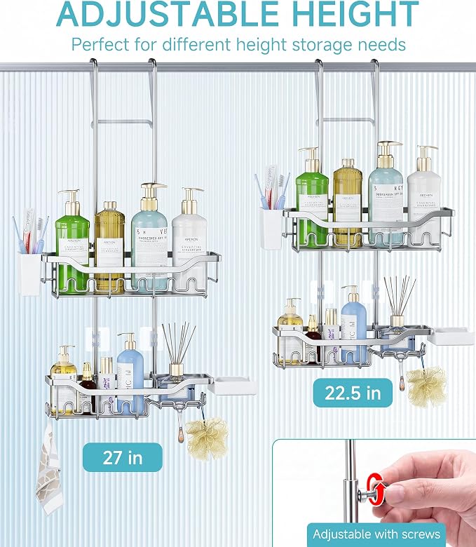 Shower Caddy Hanging Over the Door, Upgraded Extended Length Shower Organizer, Rustproof Bathroom Rack with Hooks Soap Holder, Silver