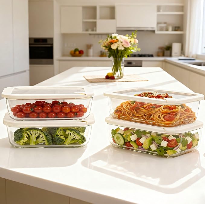 Glass Food Storage Containers with Glass Lids, Microwave Safe Food Container Set, Airtight Food Container Set, LeakProof, 100% Plastic Free, White Color, 4pack