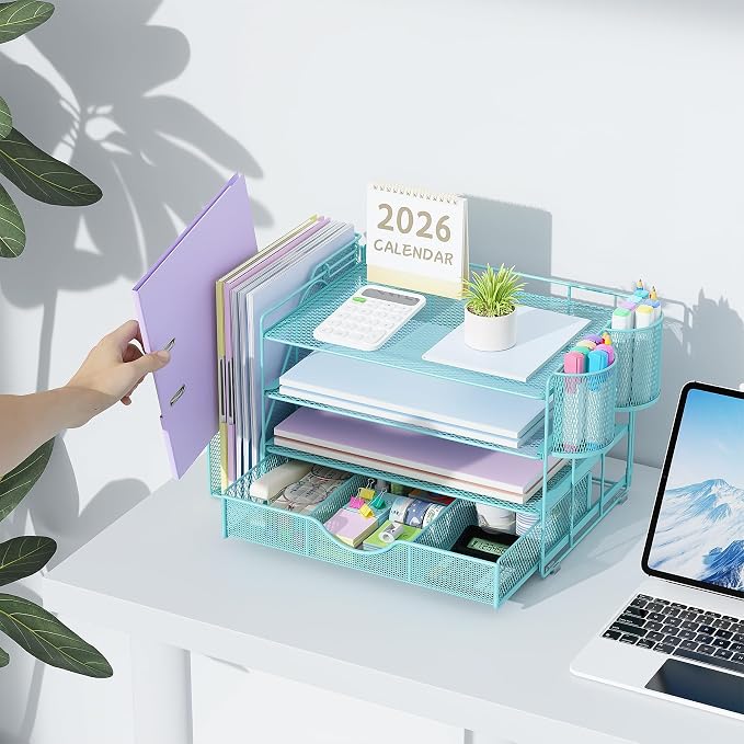 gianotter Desk Organizers and Accessories with File Holder, 4-Tier Desk Accessories & Workspace Organizers with Drawer and 2 Pen Holder, Paper Organizer for Office Supplies (Blue)
