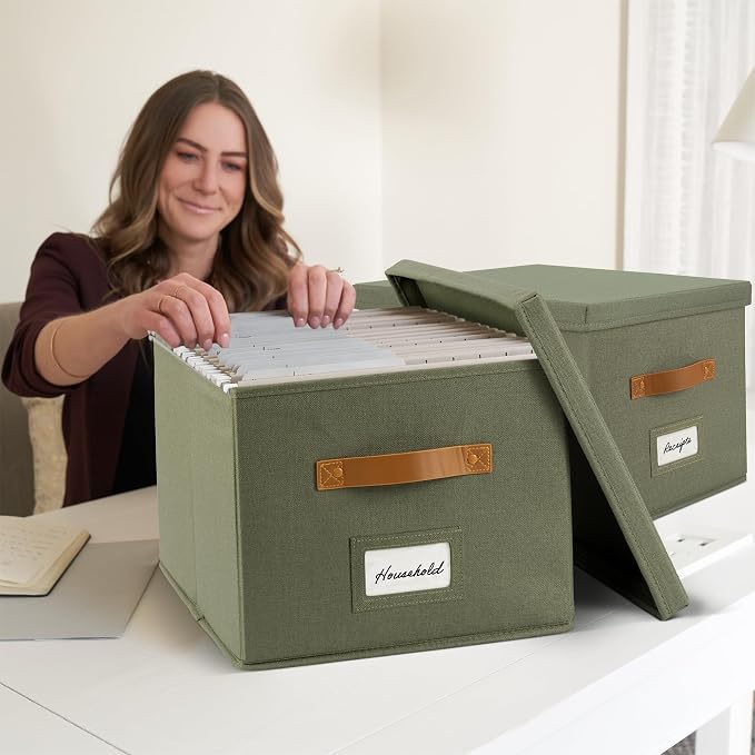 ZICOTO Decorative File Organizer Box Set of 2 - Collapsible Linen Filing Cabinets w/Handles Are Perfect to Store all Your Documents & Hanging File Folders - Portable Easy Slide Crates with Lid | Stores Documents and Hanging File Folders - Portable Offi...