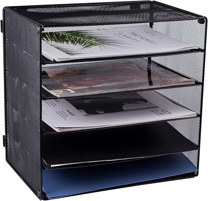 5 Slot Mesh Desk Organizer Tray, File Paper Letter Folder Holder Desktop Paper Sorter Mail Organization Rack Storage Accessories, for Office Home School Classroom, Black, 2 Pack