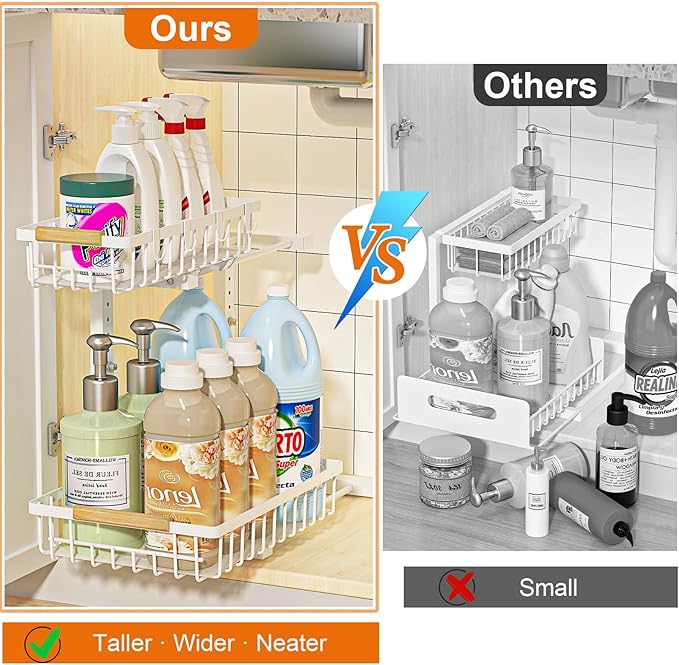 Under Sink Organizer, White 2 Pack Height Adjustable | 2 Tier Pull Out Drawer, Under Sink Organizers and Storage, Cabinet Storage for Kitchen Bathroom