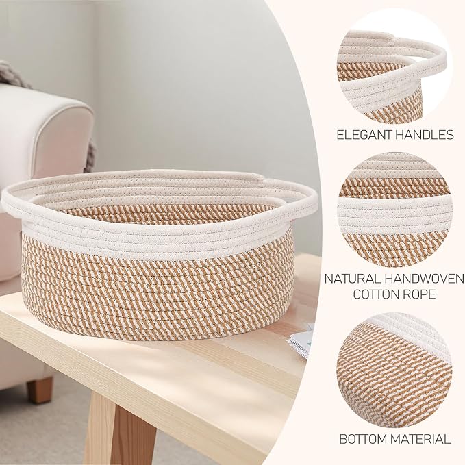 JMvicyroam Small Woven Basket, Empty Gift Basket, White&Brown Block/2 Pack | Small Gift Basket, Cotton Rope, 12 x 8 x 85 in, Handles, Includes Ribbon and Bag, Birthday Gift Basket