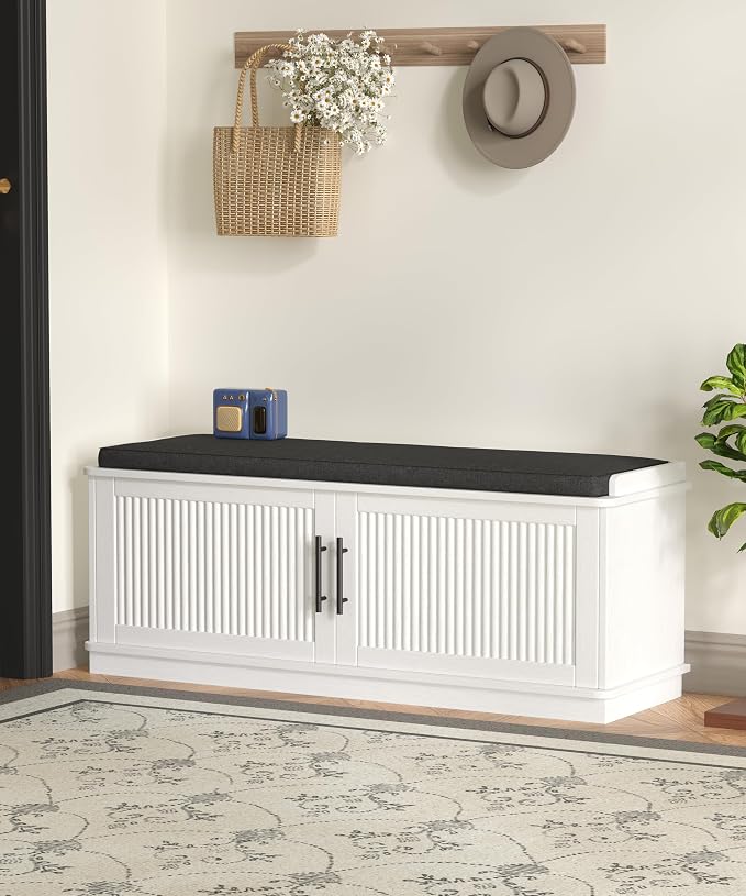 Akxomel 39.4" Fluted Shoe Storage Bench 2 Doors Wooden Entryway Bench White | 2 Tier Shoe Bench with Padded Cushion, Adjustable Shelves and 2 Doors, Curved Profile, for Hallway, Living Room, Bedroom