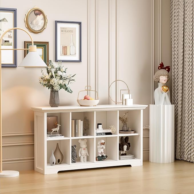 OSCHF 8-Cube Open Bookcase with Base, 2-Tier Low Cabinet, White | Curved Base, Crown Molding, Fits 11×11" Bins, Modern Bookshelf for Living Room, Bedroom, Home Office, TV Stand Storage