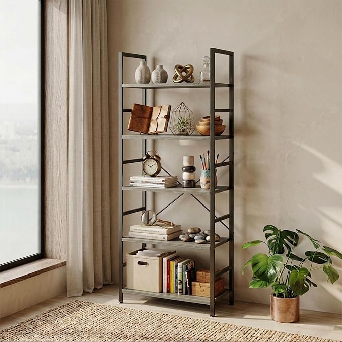 HealSmart 5 Tier Bookshelf, Free Standing Book Shelf Home Office Bookcase Shelf Storage Organizer for Bedroom, Bathroom, Living Room, Office, Balcony, Gray Wood