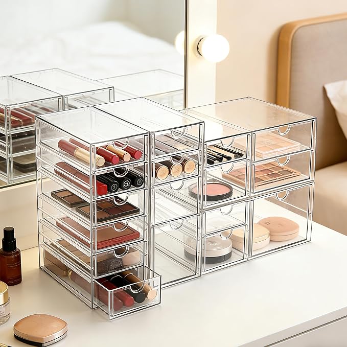 Prsildan 17 Drawers Teacher Toolbox Office Supply Organizer, Set of 4 | Clear Acrylic, Pull Out, Craft Desk Art Supply Accessories Vanity Countertop Bathroom Kitchen Cabinet Makeup Storage