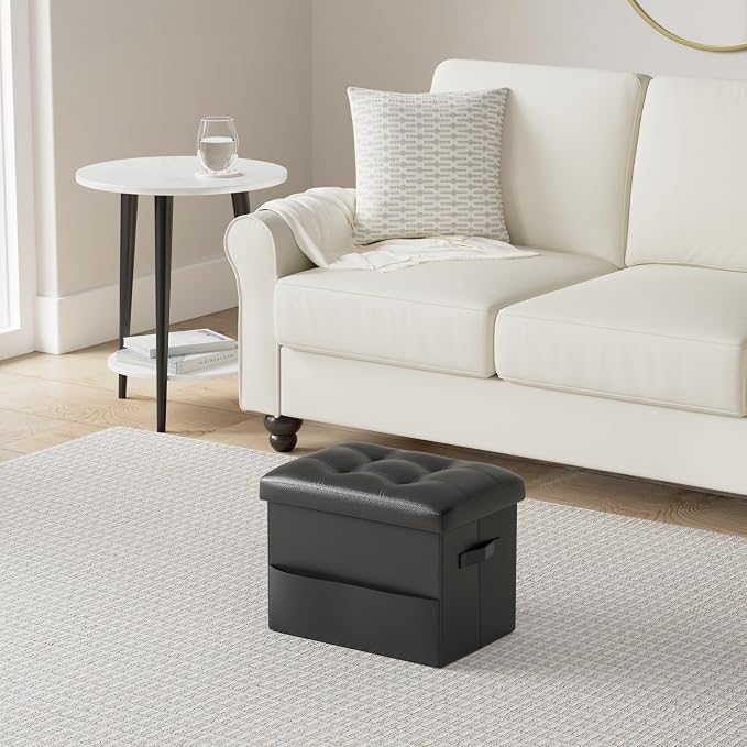 Storage Ottoman Foot Rest Stool with Thicker Foam Padded Seat. Foldable Leather Footstool Bench. Small Ottoman with Storage for Living Room Bedroom Coffee Table 350 lbs, 17x13x13in, Black. | Foldable Leather Foot Stool with Storage, Small Ottoman with ...